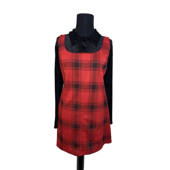 SO Dress Juniors Size XXL Red Black Plaid Pinafore Stretch Open Back - Picture 1 of 14